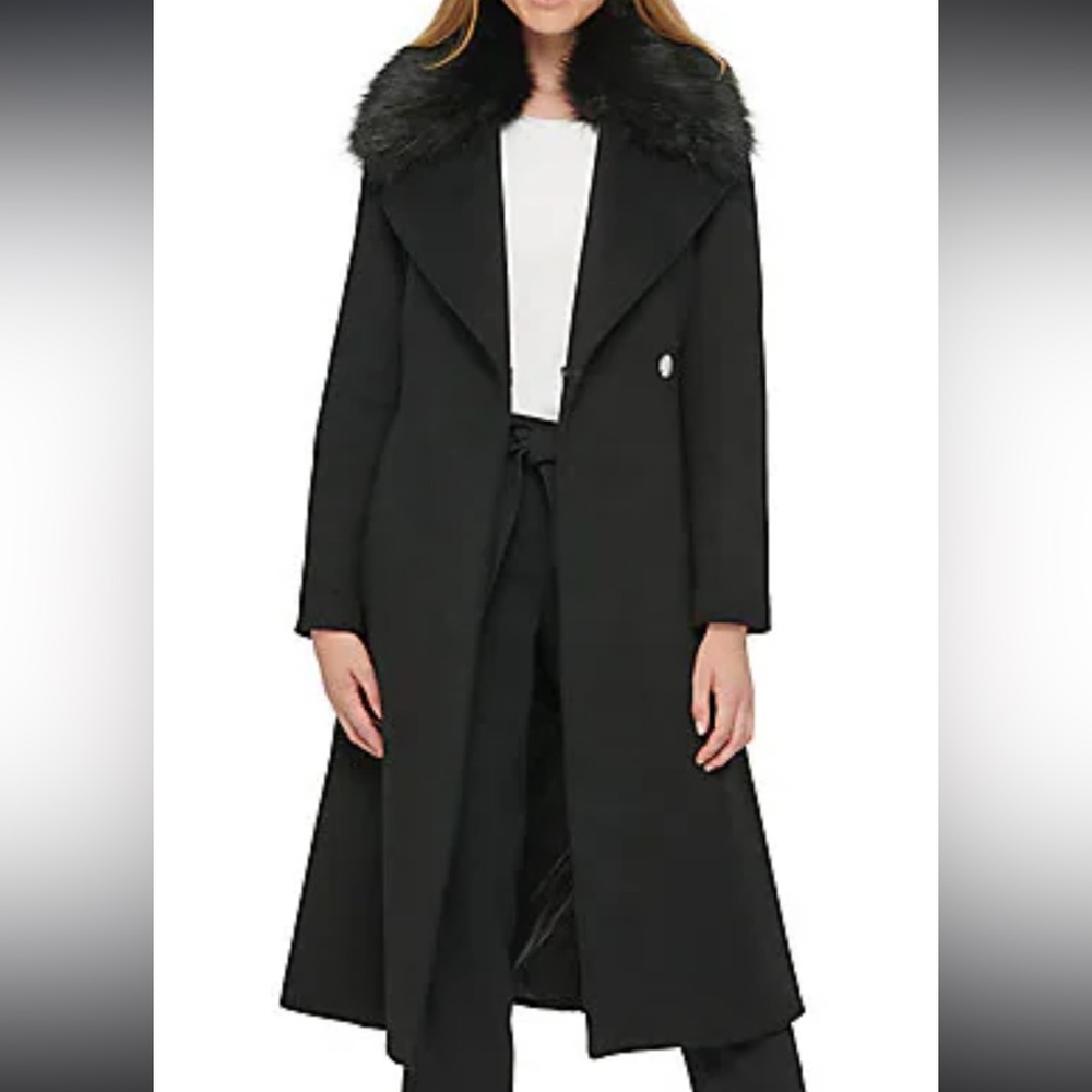 KARL LAGERFELD PARIS
Faux Fur Trim Belted Coat